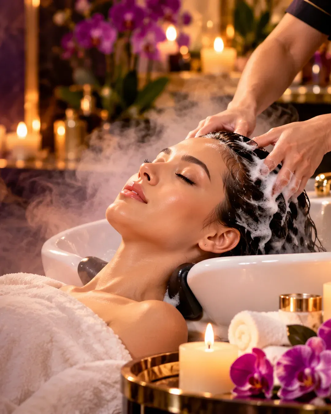 Head spa hair wash surrounded by candles and orchids